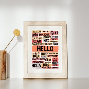 Hello Poster in Different Languages - Portrait Warm Colours - Digital Download - Multilingual Wall Art - Inclusive Hello and Welcome