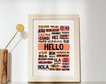 Hola cartel en diferentes idiomas - Retrato colores cálidos - Descarga digital - Arte de pared multilingüe - Hola y bienvenido inclusivo