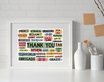 Cartel de agradecimiento en diferentes idiomas - Paisaje colores frescos - Descarga digital instantánea - Arte de pared multilingüe