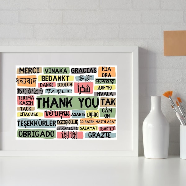 Thank You Poster in Different Languages - Landscape Cool Colours - Instant Digital Download - Multilingual Wall Art