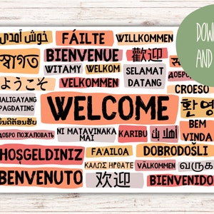 Welcome Poster in Different Languages - Landscape Warm Colours ...