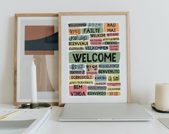 Cartel de bienvenida en diferentes idiomas - Retratos colores frescos - Descarga digital instantánea - Arte de pared multilingüe