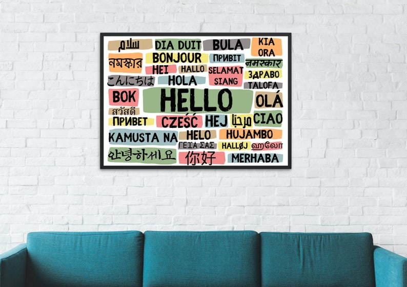 Hello Poster in Different Languages Landscape Cool Colours Digital