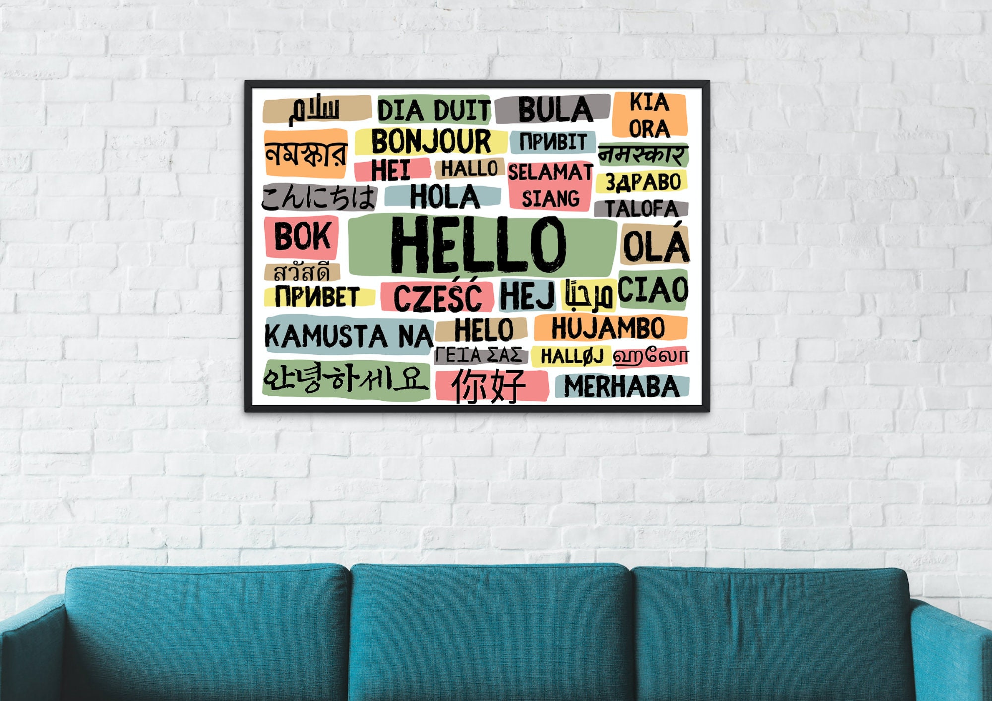 Hello Poster in Different Languages Landscape Cool Colours Digital ...