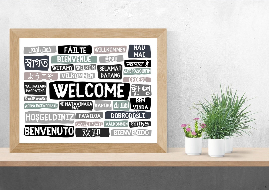 Welcome Poster in Different Languages Landscape Greys Instant Digital ...