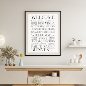 Welcome Poster in Different Languages - Multilingual Wall Art - Typography Print - Portrait - White and Black