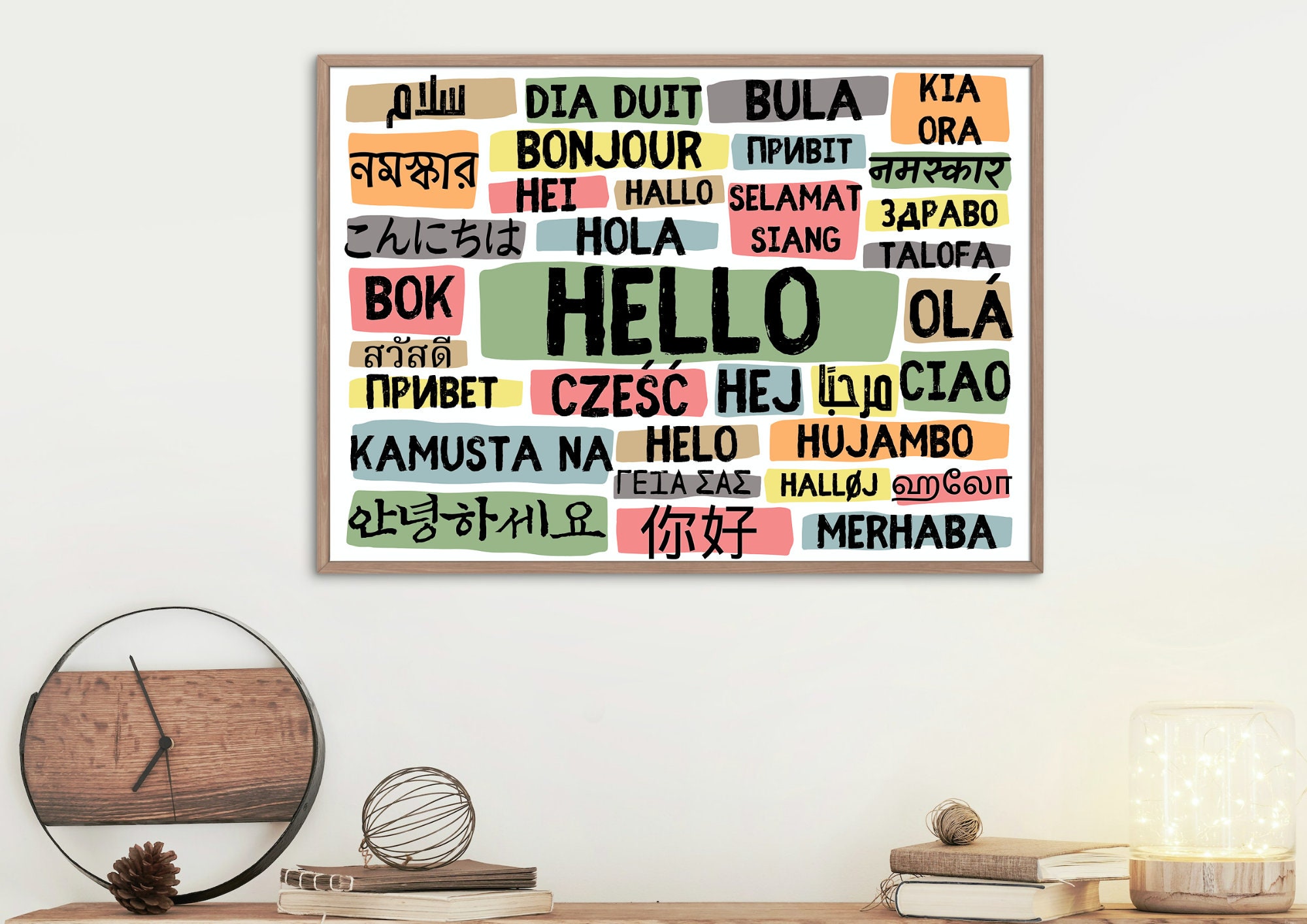 Hello Poster in Different Languages Landscape Cool Colours Digital ...