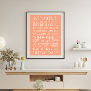 Welcome Poster in Different Languages - Multilingual Wall Art - Typography Print - Portrait - Orange/Peach