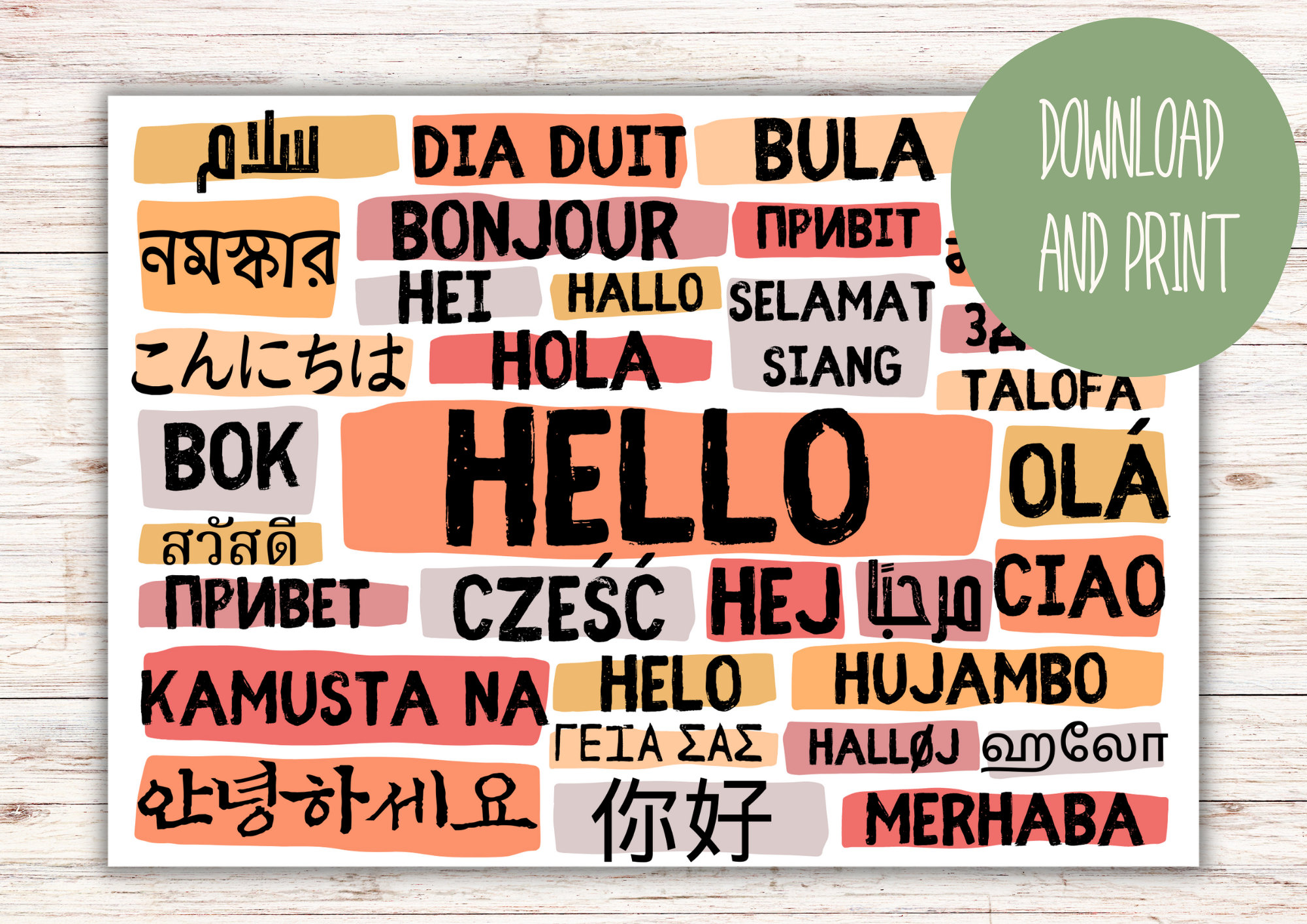 Hello Poster in Different Languages Landscape Warm Colours Digital ...
