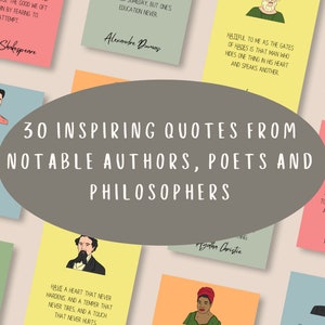 Könnte beinhalten: Eine Sammlung von 30 inspirierenden Zitaten von bekannten Autoren, Dichtern und Philosophen. Jedes Zitat wird auf einer farbenfrohen Karte mit dem Namen des Autors angezeigt. Die Karten haben verschiedene pastellfarbene Hintergründe und Illustrationen.