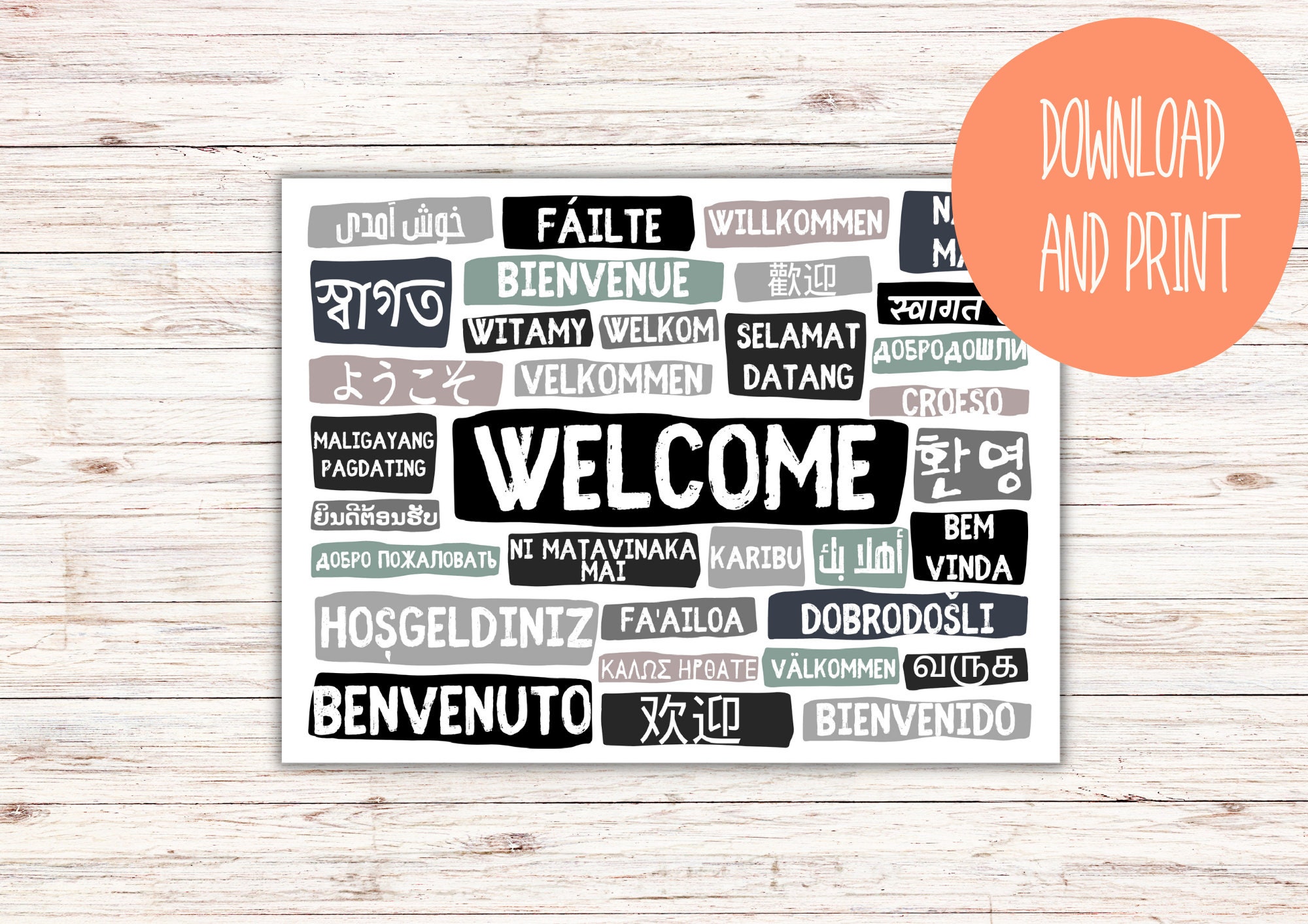 Welcome Poster in Different Languages Landscape Greys Instant Digital ...