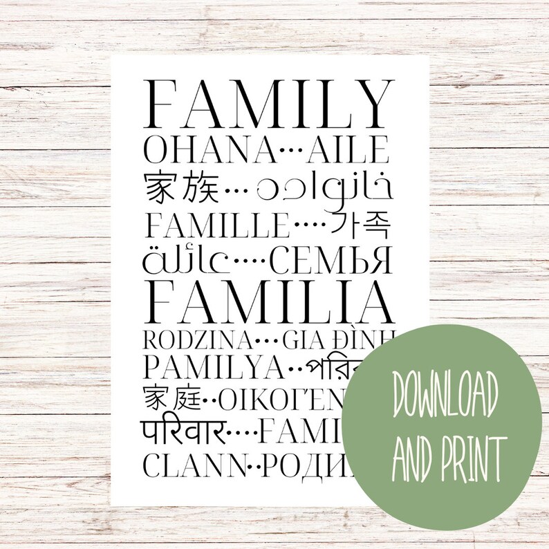 Cartel familiar en diferentes idiomas - Arte multilingüe - Decoración de pared imprimible - Impresión tipográfica - Descarga instantánea imagen 2