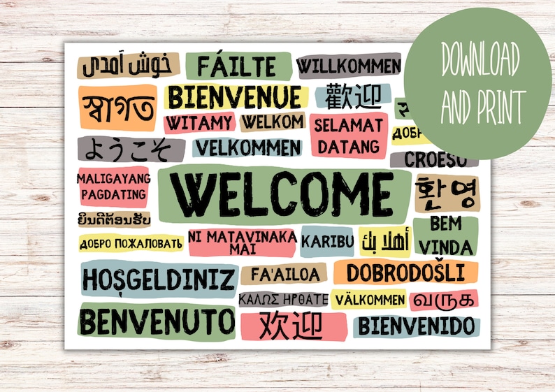 Welcome Poster in Different Languages Landscape Cool Colours - Etsy UK