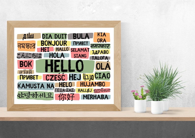 Hello Poster in Different Languages Landscape Cool Colours Digital ...