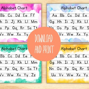 4 つの印刷可能なアルファベット表、落ち着いた水彩画、ABC チャート、手書き、ホームスクール リソース、教室リソース、教育用ダウンロード、PDF