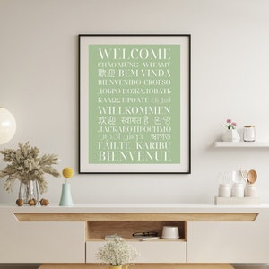 Welcome Poster in Different Languages - Multilingual Wall Art - Typography Print - Portrait - Green