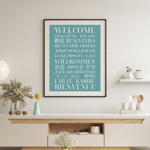 Welcome Poster in Different Languages - Multilingual Wall Art - Typography Print - Portrait - Blue