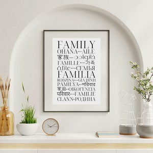 Cartel familiar en diferentes idiomas - Arte multilingüe - Decoración de pared imprimible - Impresión tipográfica - Descarga instantánea imagen 1