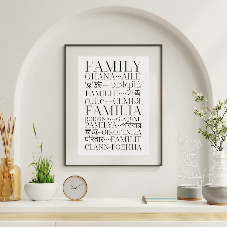 Cartel familiar en diferentes idiomas - Arte multilingüe - Decoración de pared imprimible - Impresión tipográfica - Descarga instantánea imagen 1