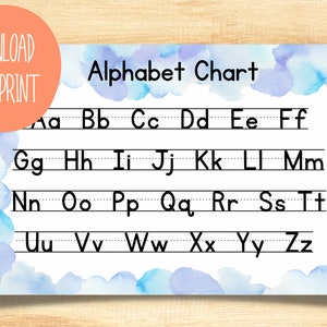 印刷可能なアルファベット表、落ち着いた水彩画、ABC チャート、手書き、ホームスクール リソース、教室リソース、教育用ダウンロード、PDF