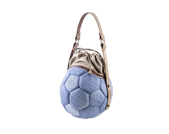 Recycled denim eco friendly bag from upcycled soccer ball