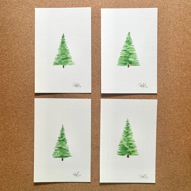 Hand Painted Watercolour Christmas Tree 4 x 6 Unique Holiday Art Piece