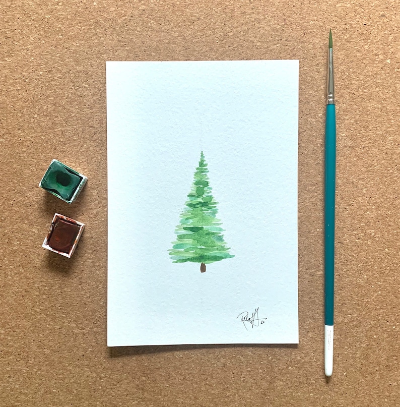 Hand Painted Watercolour Christmas Tree 4 x 6 Unique Holiday Art Piece