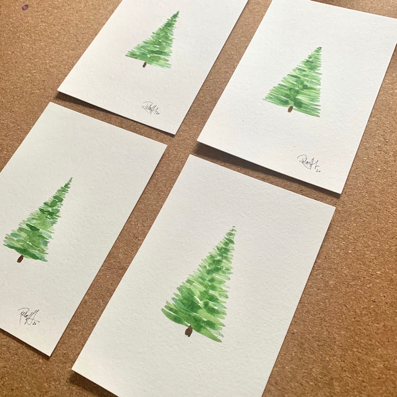 Hand Painted Watercolour Christmas Tree 4 x 6 Unique Holiday Art Piece