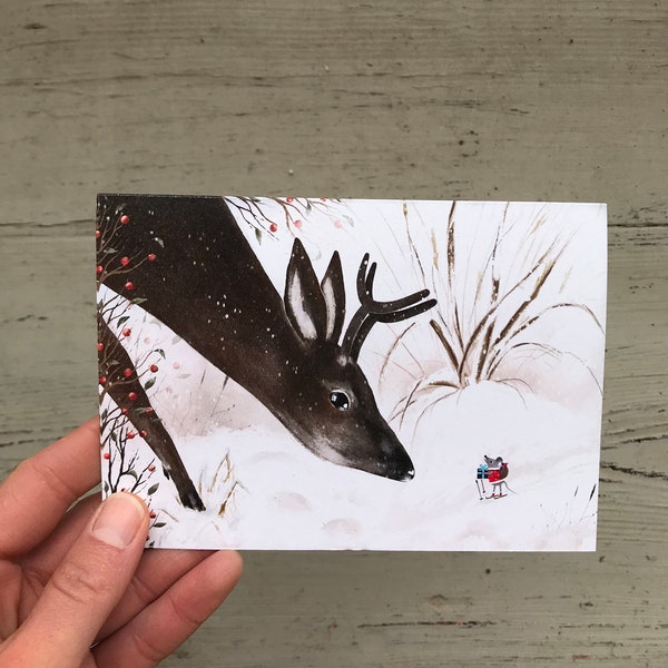 Dear and the mouse / ecofriendly christmas card / festive greeting card / winter scene