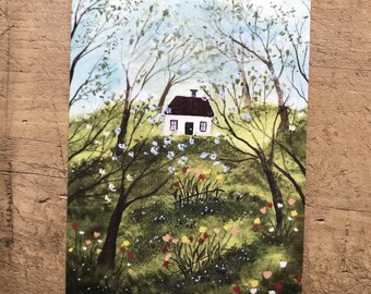 Spring cottage / 100 % ecofriendly greeting card / illustration