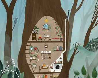 May include: Illustration of a tree house interior with multiple levels. The house is built inside a large tree trunk, with a cozy kitchen, dining area, and bedroom. The artwork features a warm color palette and whimsical details, including plants and a rabbit.