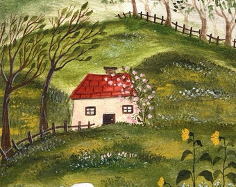 May include: Watercolor painting of a quaint cottage with a red roof nestled in a green, rolling landscape. A white sheep grazes in the foreground, with sunflowers and trees adding to the idyllic scene. A fence and trees line the hillside.