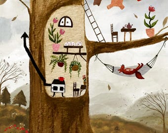 Under the giant tree  / fine art print of my watercolour illustration
