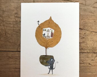Moving my home / original watercolour Painting / collage with dried plants / Ilustration