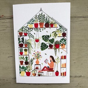 Garota da estufa / cartões ecológicos / variações / ilustração de planta de casa
