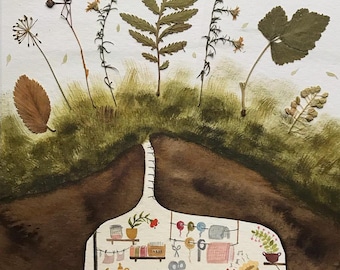 Home day  / original watercolour painting collage with dried plant / illustration