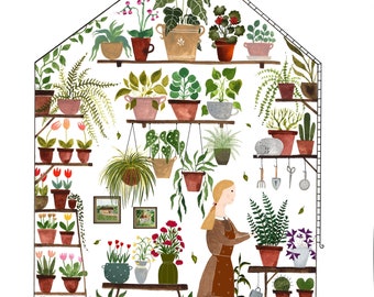 Greenhouse girl / fine art print / variations / houseplant illustration