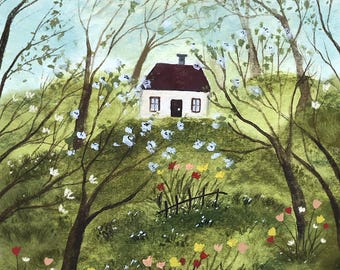 Spring cottage / fine art print of my watercolour illustration