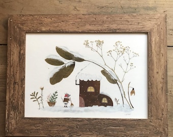 Sweeping around / framed original painting collage with dried plants / vintage wooden frame