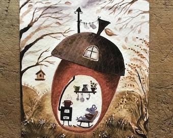 May include: Watercolor illustration of an acorn house with a mouse inside. The acorn is brown and red, with a small window and chimney. The mouse is relaxing in a chair. The background features trees and a birdhouse.