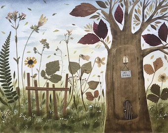 Autumn home  / original watercolour painting collage with dried plant / illustration