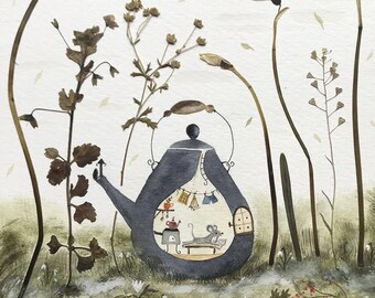 Tea pot chill  / original watercolour painting collage with dried plant / illustration
