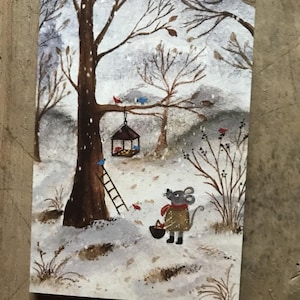 Nourrir les oiseaux / carte de Noël 100 % écologique / carte de voeux festive / illustration