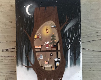 Kerstboomkonijn in een boomhut/ kerstkaart 100% milieuvriendelijk/ feestelijke wenskaart / illustratie