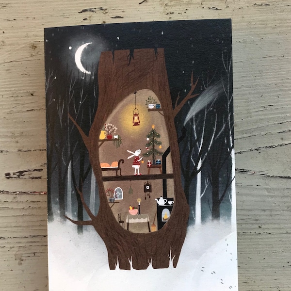 Christmas tree  bunny in a tree house/ christmas card 100 % ecofriendly/ festive greeting card / illustration