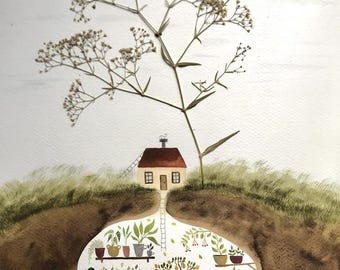 My secret garden  / original watercolour painting collage with dried plant / illustration