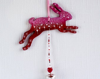 hare hanger dangle hare valentine heart doodles leaping hare wooden ornament tree decoration door hanger hand painted hare beads and bells