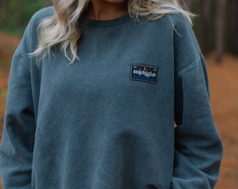 Lightweight Vintage Gray Michigan Patch Crewneck