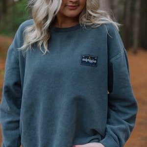 Lightweight Vintage Gray Michigan Patch Crewneck