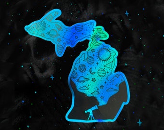 May include: A blue and green outline of the state of Michigan filled with stars, planets, and other celestial objects. A telescope is at the bottom of the outline.